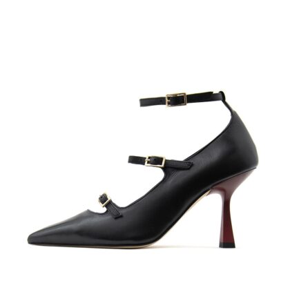 Paola Ferri δερμάτινη γυναικεία γόβα σε μαύρο χρώμα και κόκκινο τακούνι