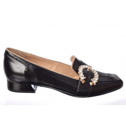 Dore Δερμάτινες Γυναικείες Λουστρίνι Γόβες με Χαμηλό Τακούνι Μαύρες