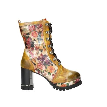 Laura Vita Γυναικεία Δερμάτινα Μποτάκια σε κίτρινο με φλοράλ σχέδιο