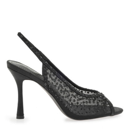 Seven Γυναικεία Peep-Toe Πέδιλα - Μαύρο Mesh με Στρας Evening Glam