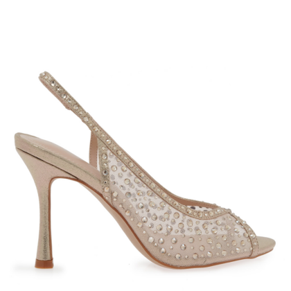Seven Γυναικεία Peep-Toe Πέδιλα – Χρυσό Mesh με Στρας Evening Glam
